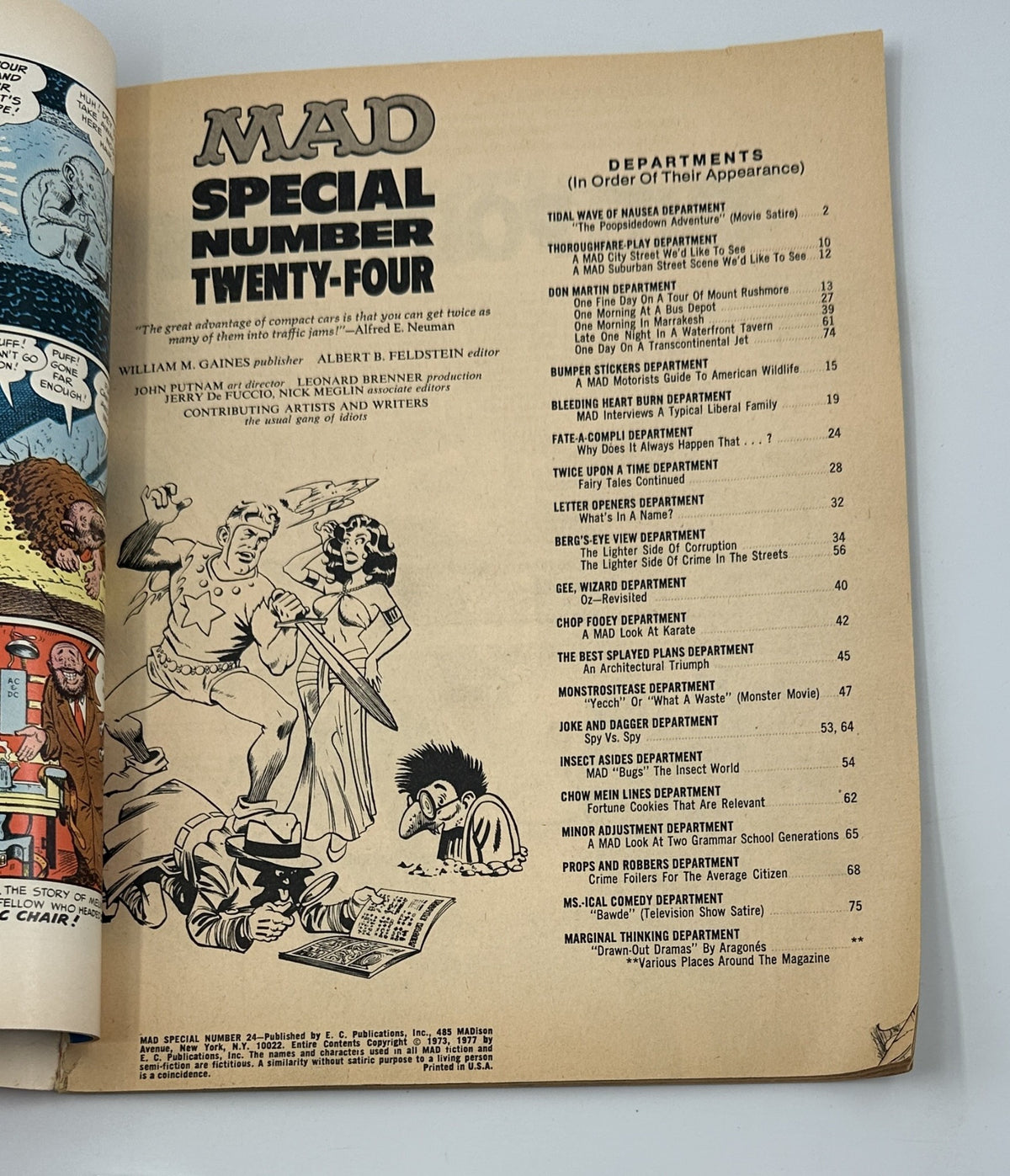 Inside page of MAD Magazine Special No. 24 displaying the table of contents, highlighting the various departments and humorous content included in the magazine.
