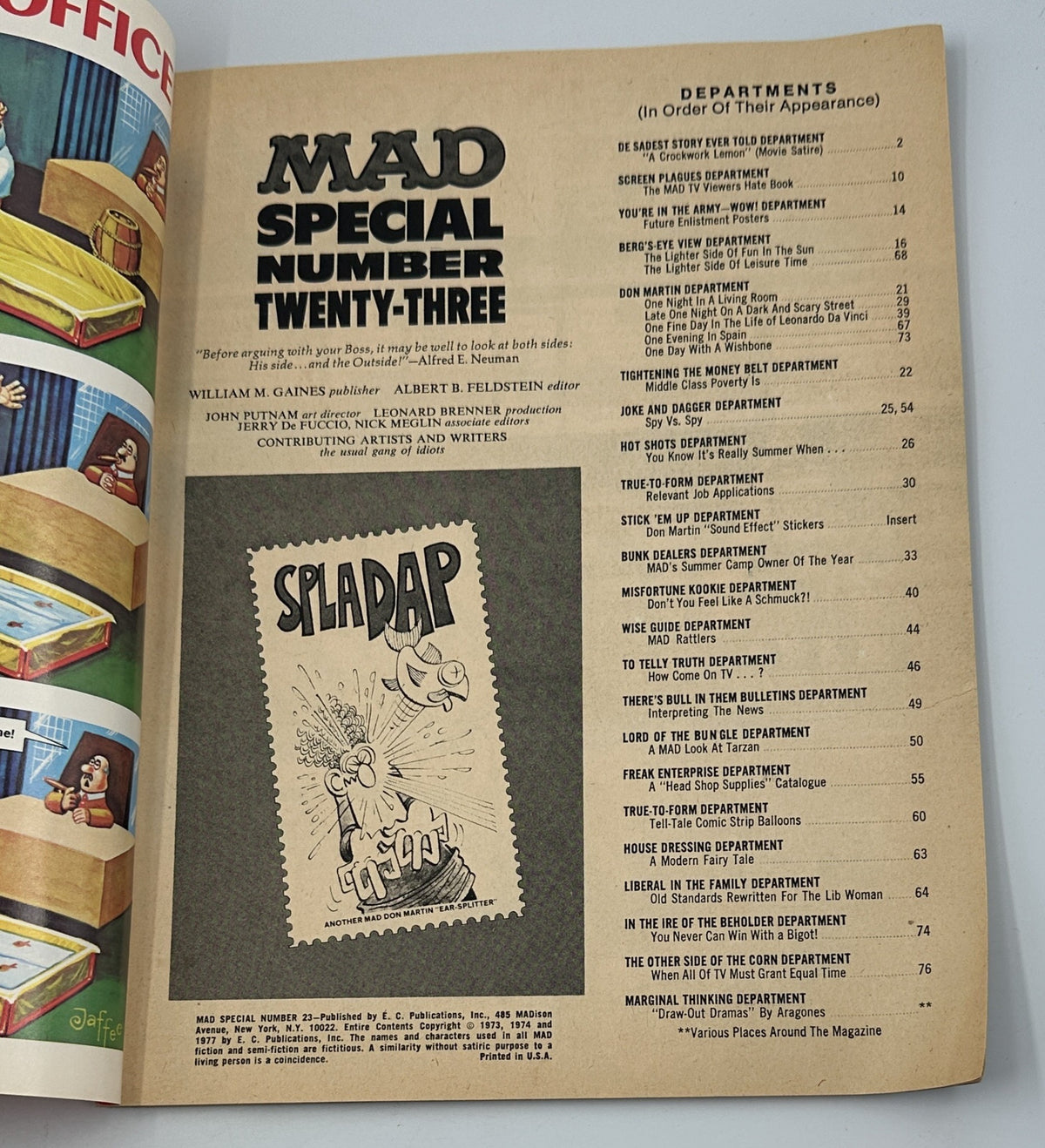 Table of contents for MAD Magazine Super Special No. 23, detailing various departments and articles, showcasing the publication's unique blend of satire and humor.