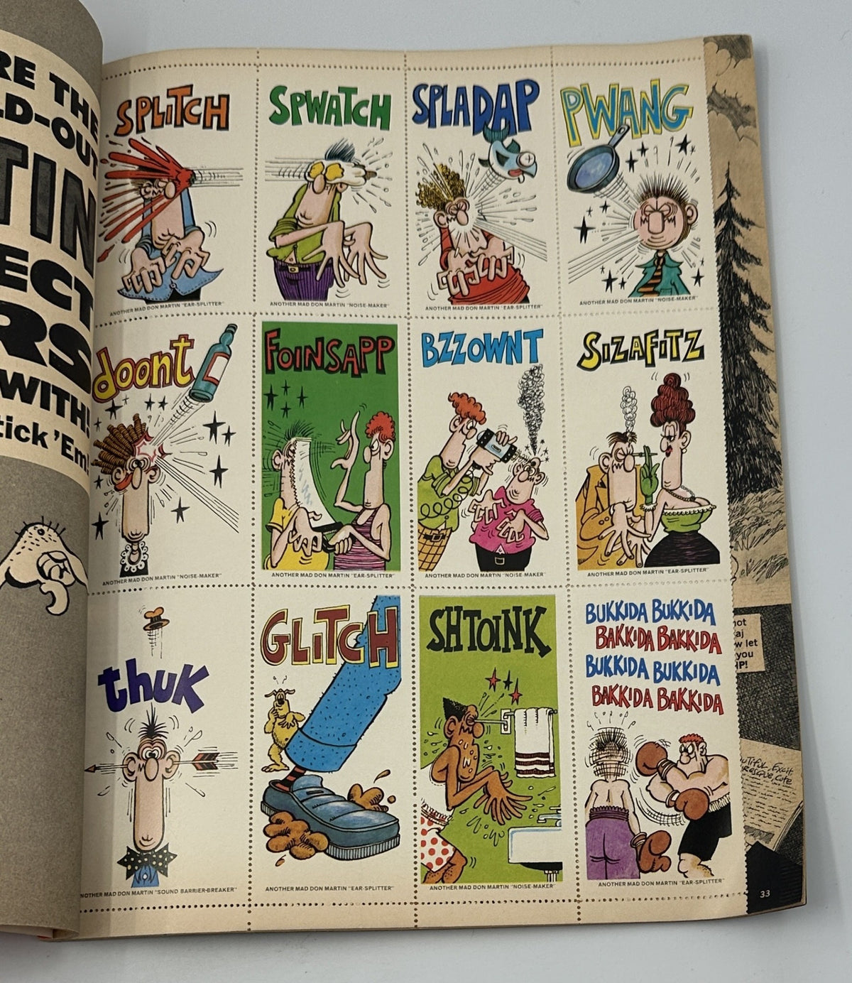 Page from MAD Magazine Super Special No. 23 showing Don Martin Sound Effect Stickers, with colorful and humorous illustrations of various sound effects.