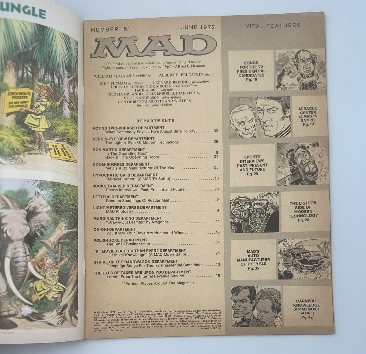 Inside page of MAD Magazine No. 151 from June 1972, showcasing the Table of Contents with sections like 'Miracle Center' and 'Carnival Knowledge' alongside illustrations, highlighting the magazine’s unique comedic style and layout.