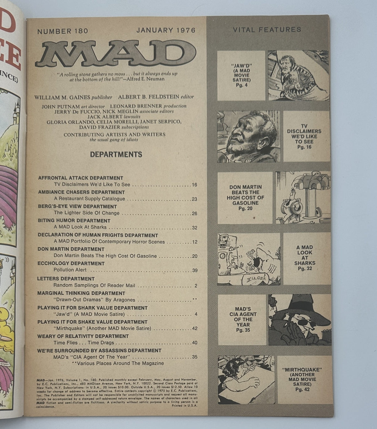Table of contents for MAD Magazine No. 180 January 1976, listing various departments including the 'Jawd' movie parody and other satirical features. Ideal for collectors and fans of vintage humor.