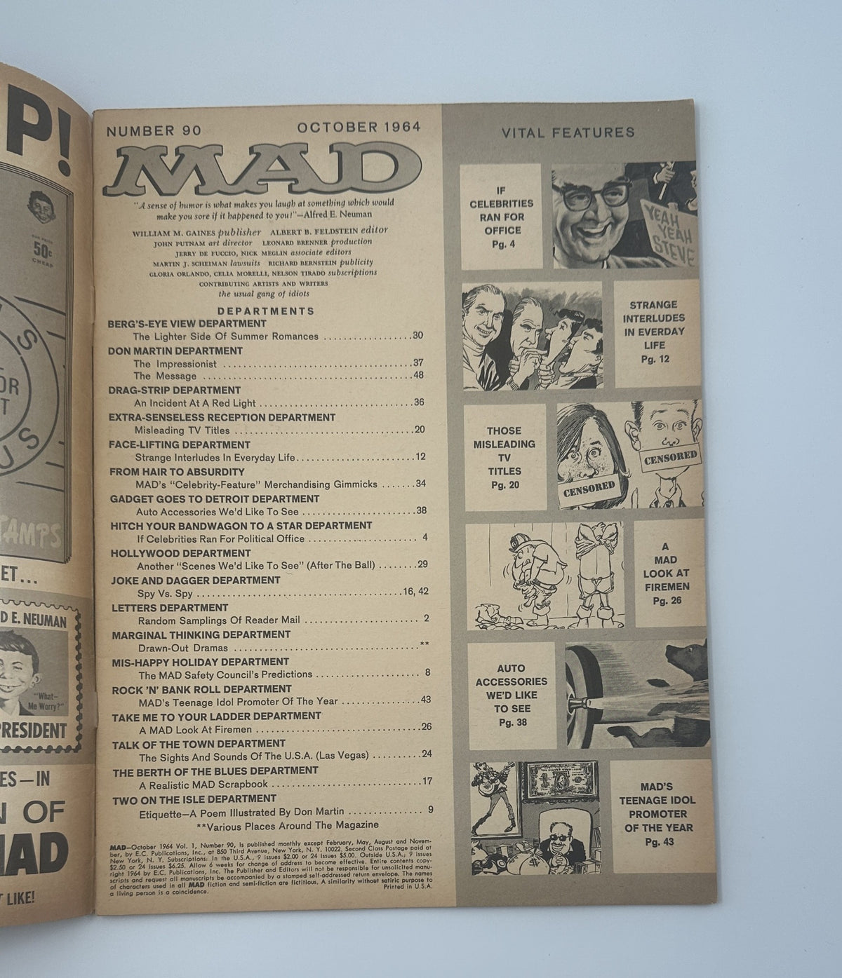 Inside page of MAD Magazine No. 90 depicting the Table of Contents, showcasing various departments and features from the October 1964 issue.