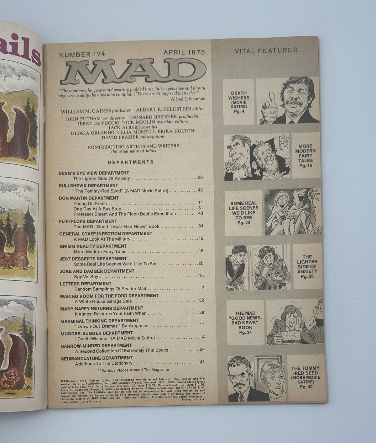 Inside page of MAD Magazine No. 174 from April 1975 featuring the Table of Contents and various departments including movie satire 'The Tommy-Red Seed' and 'Death Wishers'.
