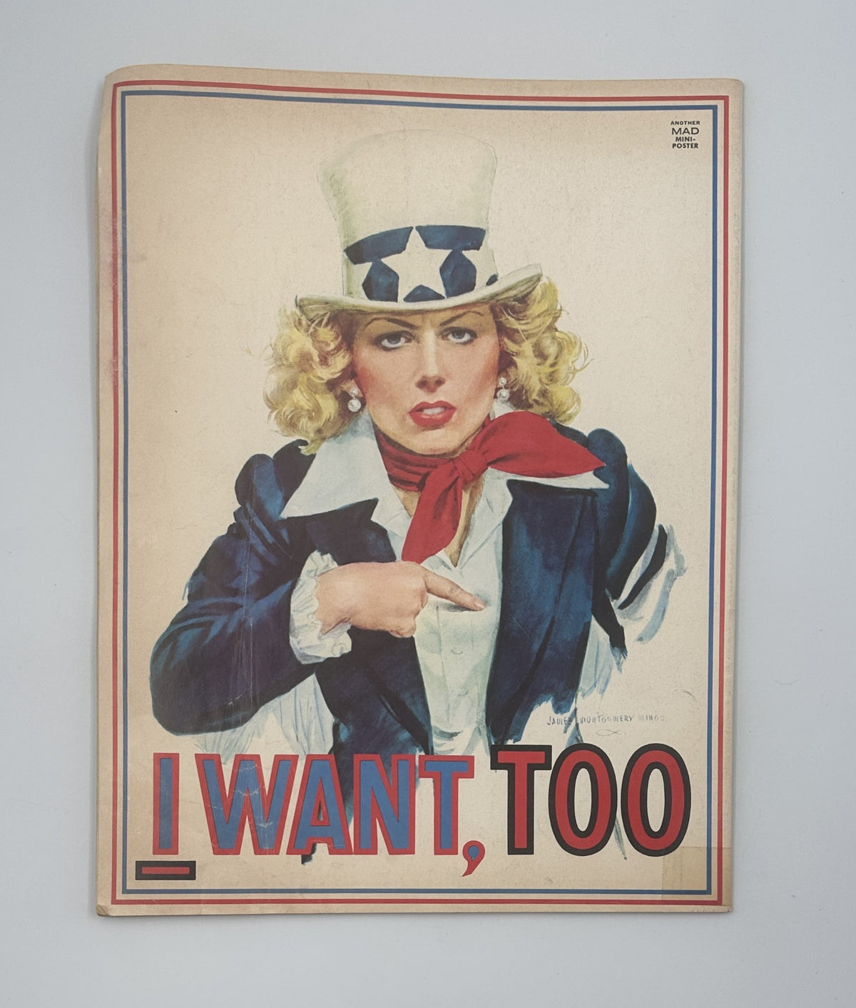Cover of MAD Magazine No. 182 from April 1976 featuring a satire illustration of a woman in patriotic attire with the text 'I WANT, TOO' prominently displayed. This edition includes iconic humor from the series, featuring 'Spy vs. Spy' and TV satire.