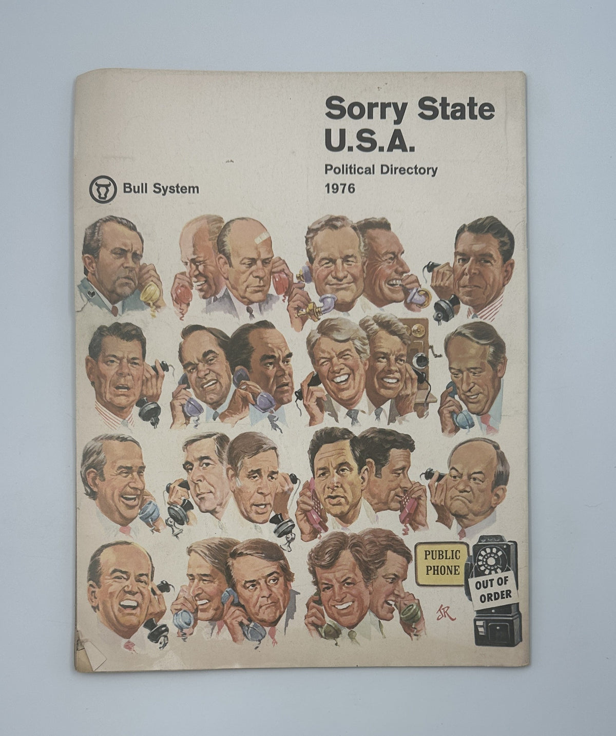 Cover of 'Sorry State U.S.A. Political Directory 1976' depicting caricatures of various political figures, illustrating the satirical and critical perspective typical of the era's political commentary.
