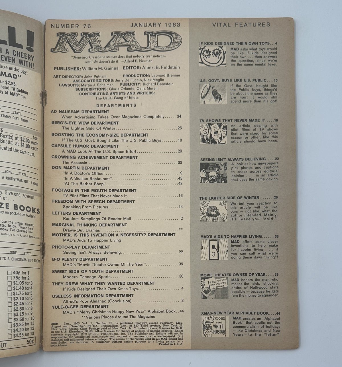 Table of contents page from MAD Magazine No. 76 January 1963, detailing various humor sections and departments.
