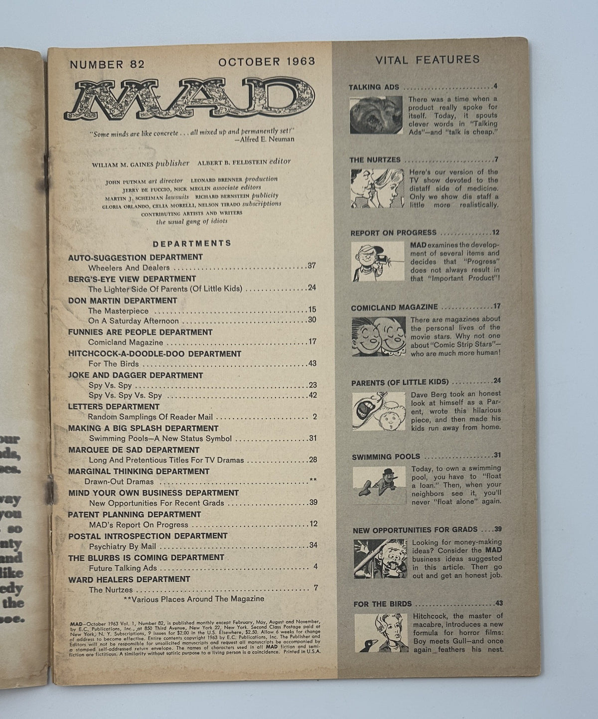 MAD Magazine No. 82 October 1963 overview page, featuring the Table of Contents and various department listings. This vintage magazine is graded Very Good (VG 4.0) and displays elements of age, ideal for collectors.