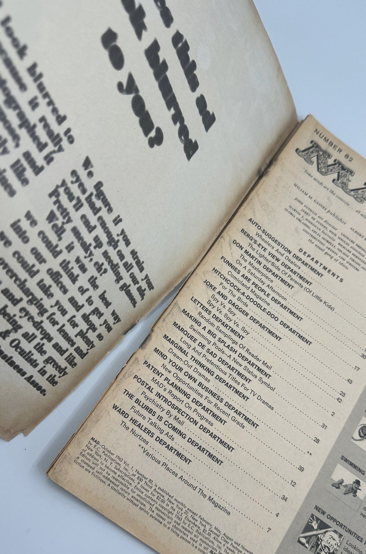 MAD Magazine No. 82 October 1963 interior view showing detailed Department listings including Auto-Suggestion and MARGINAL THINKING. This issue is in Very Good condition, suitable for fans of satire and vintage magazines.