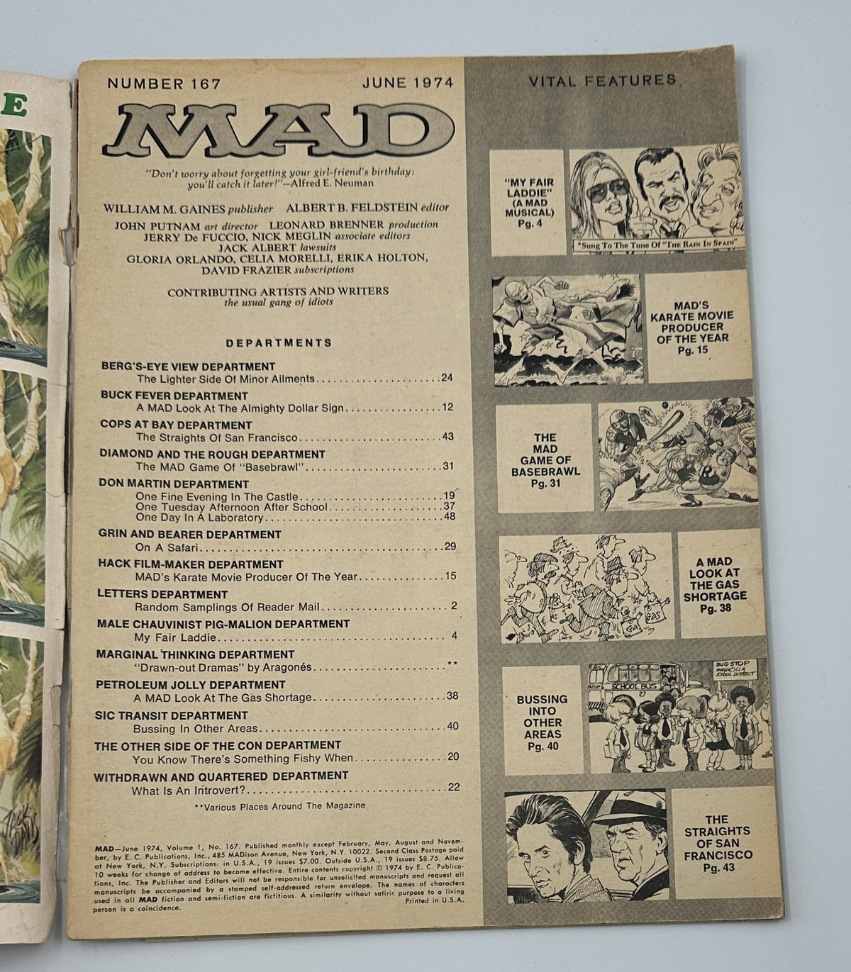Inside page of MAD Magazine No. 167 showing the Table of Contents for June 1974, listing departments and features including 'My Fair Laddie' and 'MAD's Karate Movie Producer Of The Year'.