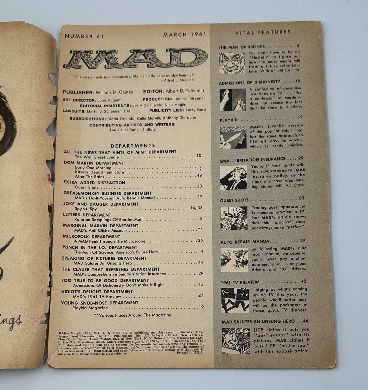 Inside page of MAD Magazine #61 from March 1961 displaying the Table of Contents with various departments and features listed, including details on satire and humor.