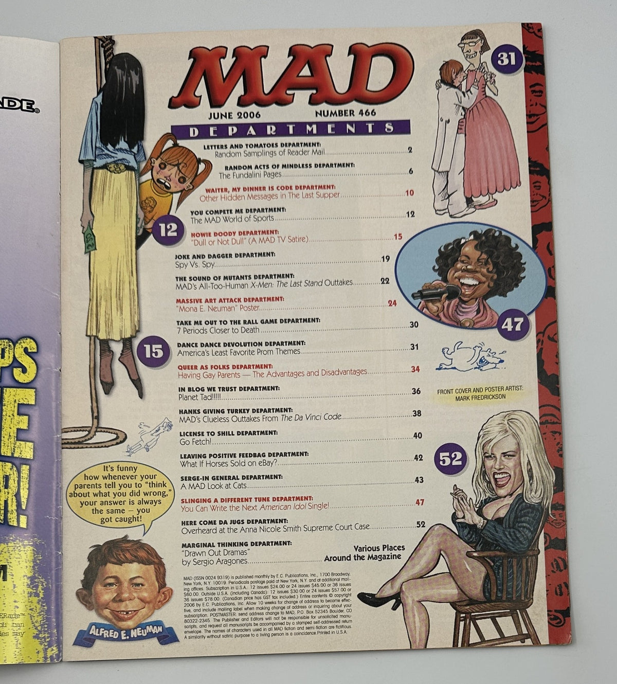 Table of contents page from MAD Magazine No. 466, June 2006, detailing various departments including satire on American Idol and the Da Vinci Code.