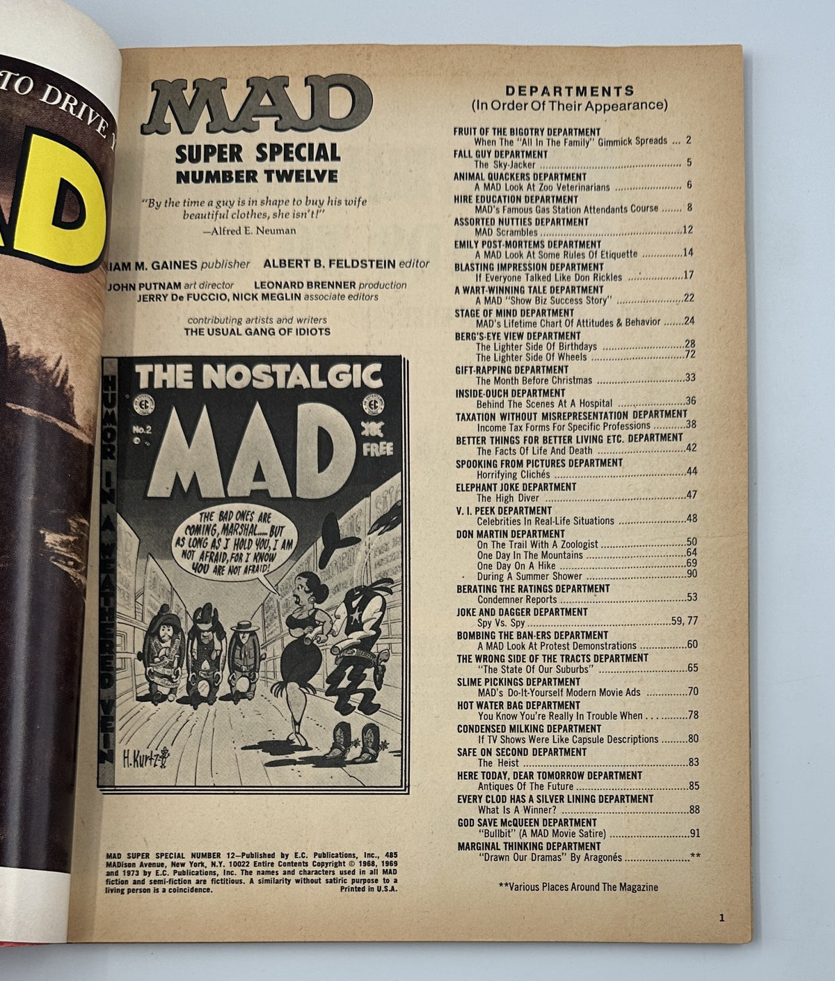 Interior page of MAD Magazine Super Special 1973 No. 12 displaying table of contents with listings of various departments and features, including titles and corresponding page numbers.