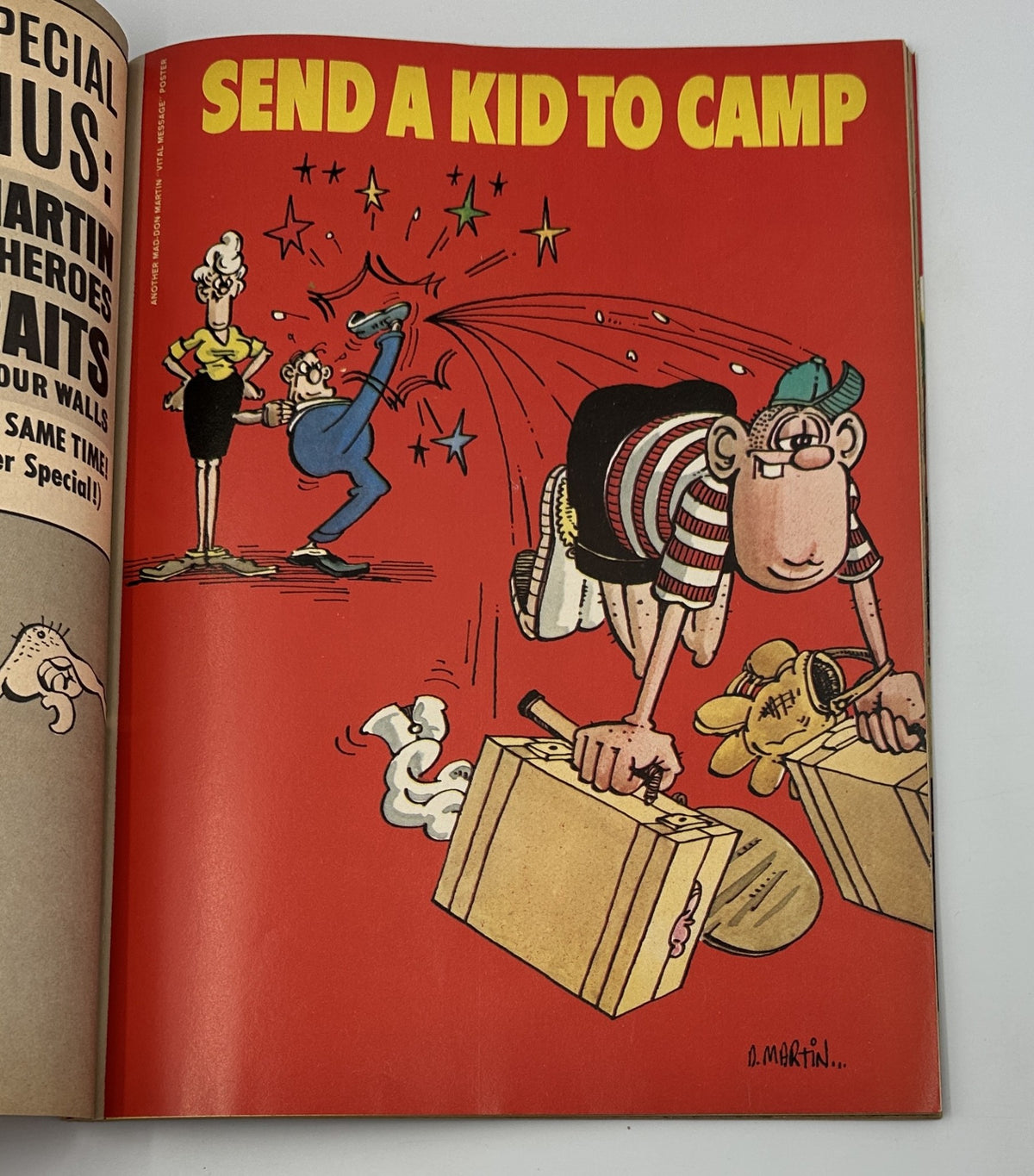 Inside page of MAD Magazine Super Special 1975 No. 17 illustrating a comedic scenario about sending a kid to camp, with a character carrying boxes.