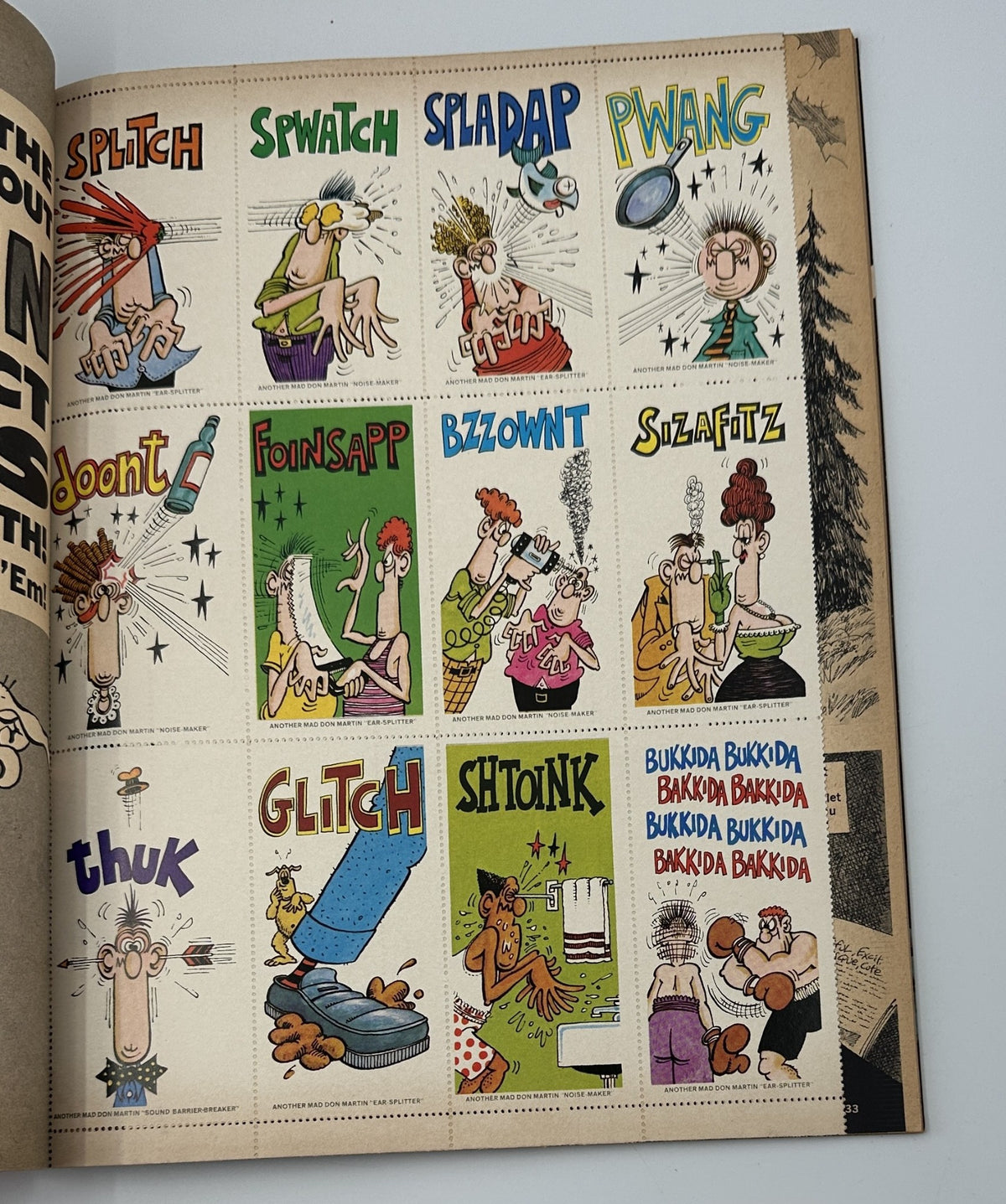 Page from MAD Magazine No. 23, 1967, showcasing Don Martin's 'Sound Effect Stickers' with various comedic sound effects illustrated, titled 'SPLATCH', 'SWATCH', and others.