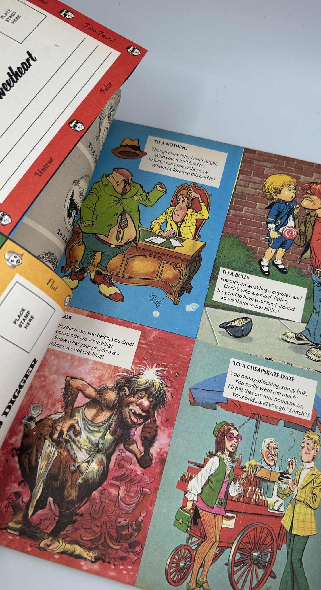 Another inside page from MAD Magazine Follies No. 7 1969 displaying vibrant illustrations depicting funny card messages related to everyday situations, showcasing the magazine's signature satirical humor.