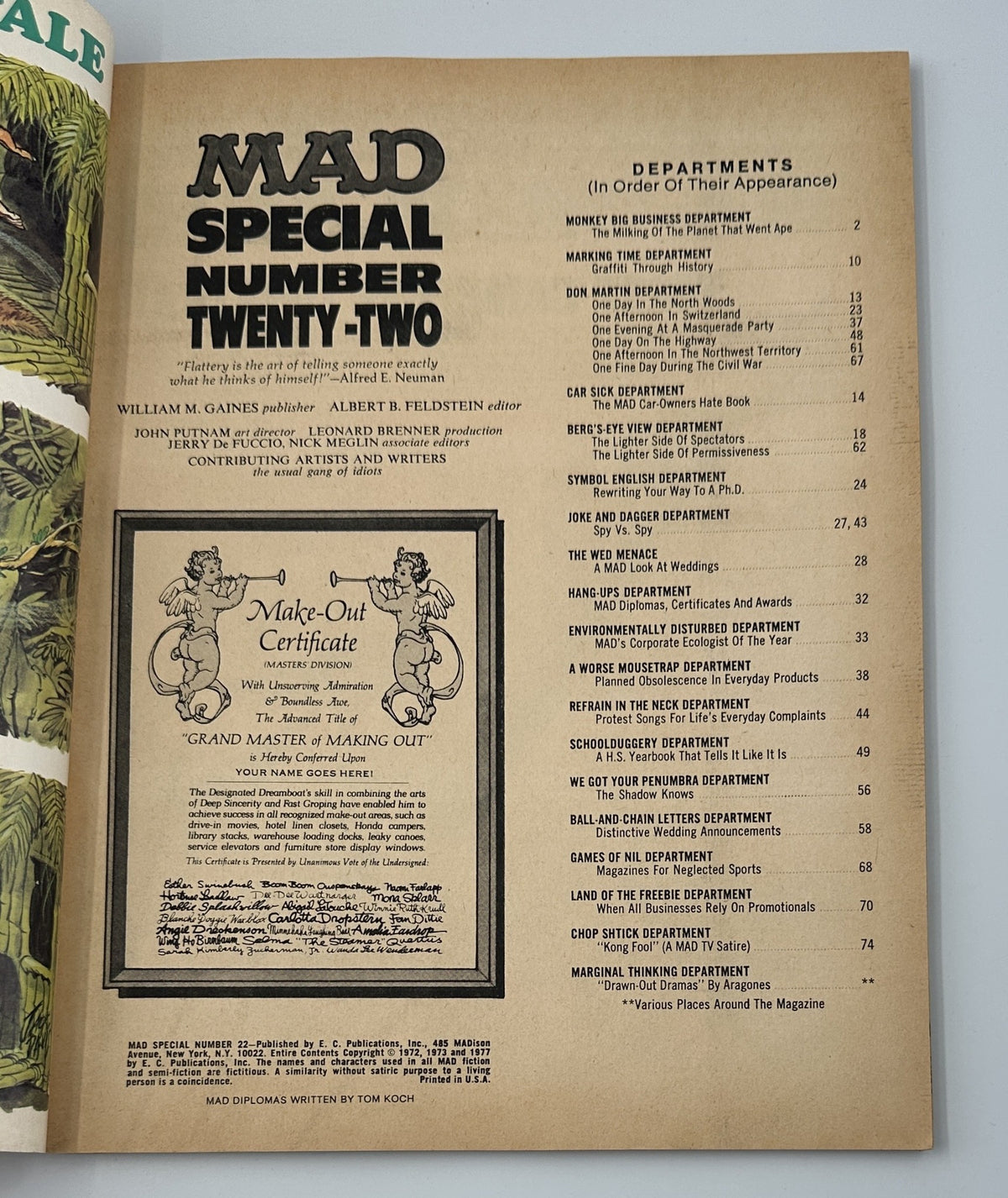 Table of contents page from MAD Magazine Special No. 22, featuring departments and features, released in 1977.