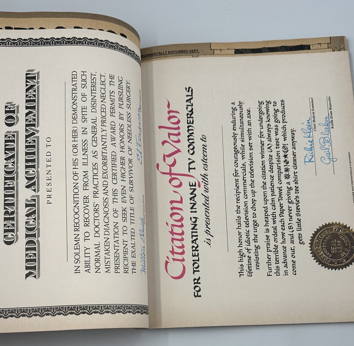 Certificate of Medical Achievement from MAD Magazine Special No. 22, illustrating creative humor with unique award details.