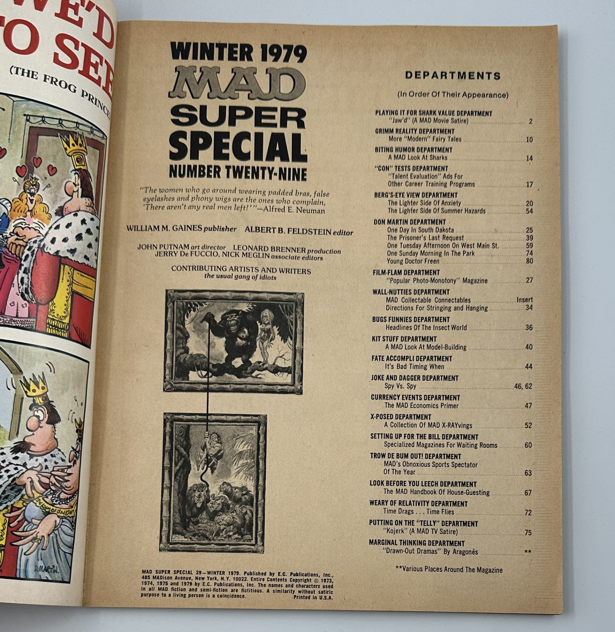 Table of contents page from MAD Magazine Super Special No. 29 Winter 1979, listing various humorous departments and featured articles, edited by Albert B. Feldstein.
