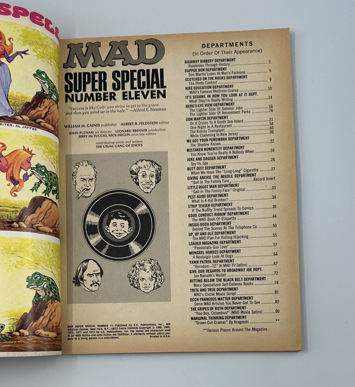 Inside page of MAD Magazine Super Special No. 11 showing the Table of Contents with various departments including 'Dapper Don' and 'MAD's Famous Waitress Course.'