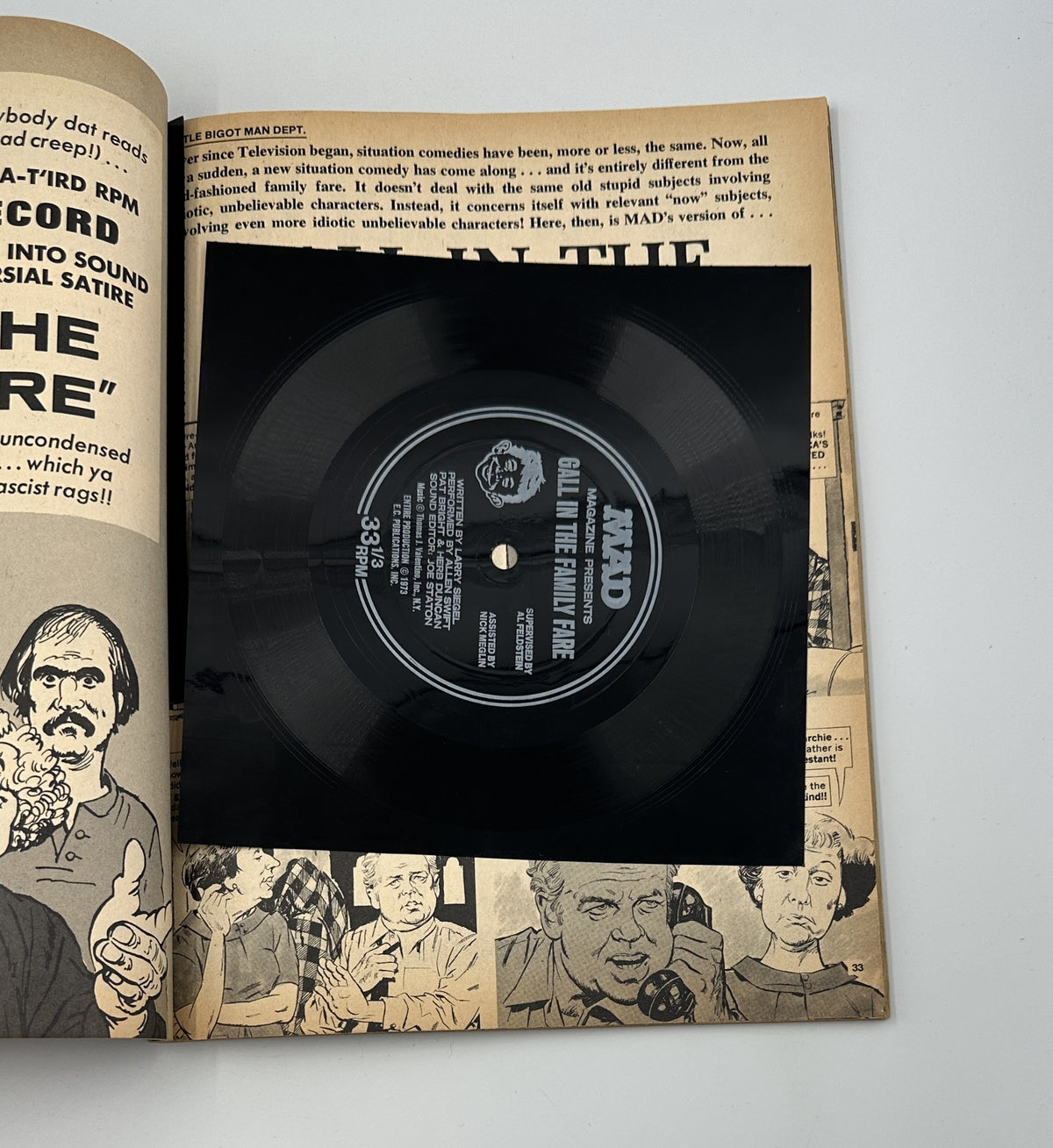 Inside page of MAD Magazine Super Special No. 11 displaying the included vinyl record titled 'Gall in the Family,' showcasing its unique format and humor.