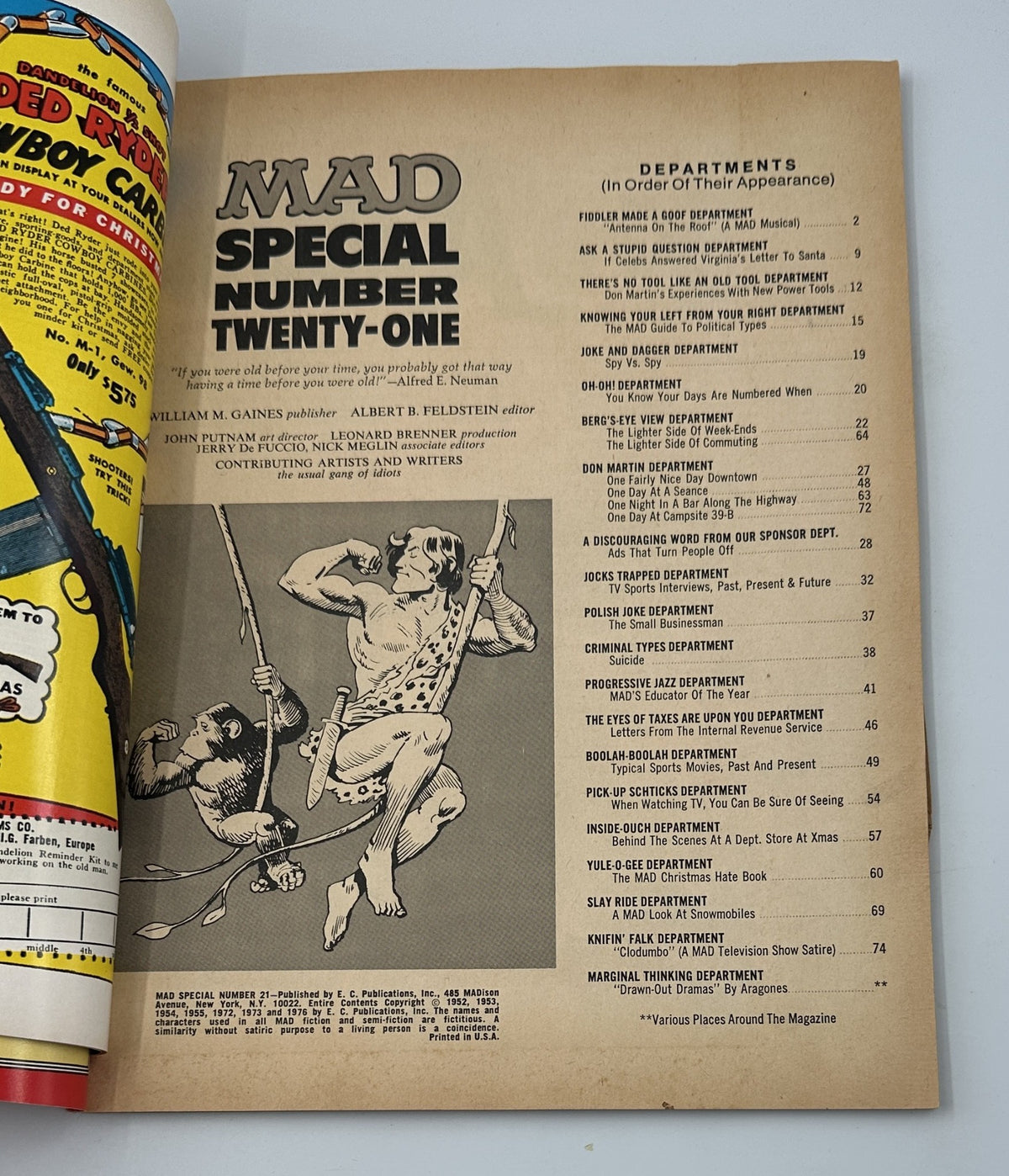 Inside page of MAD Magazine Super Special No. 21 displaying the Table of Contents with department listings and notable articles, showcasing the comic's humorous take on various topics from the 1970s.