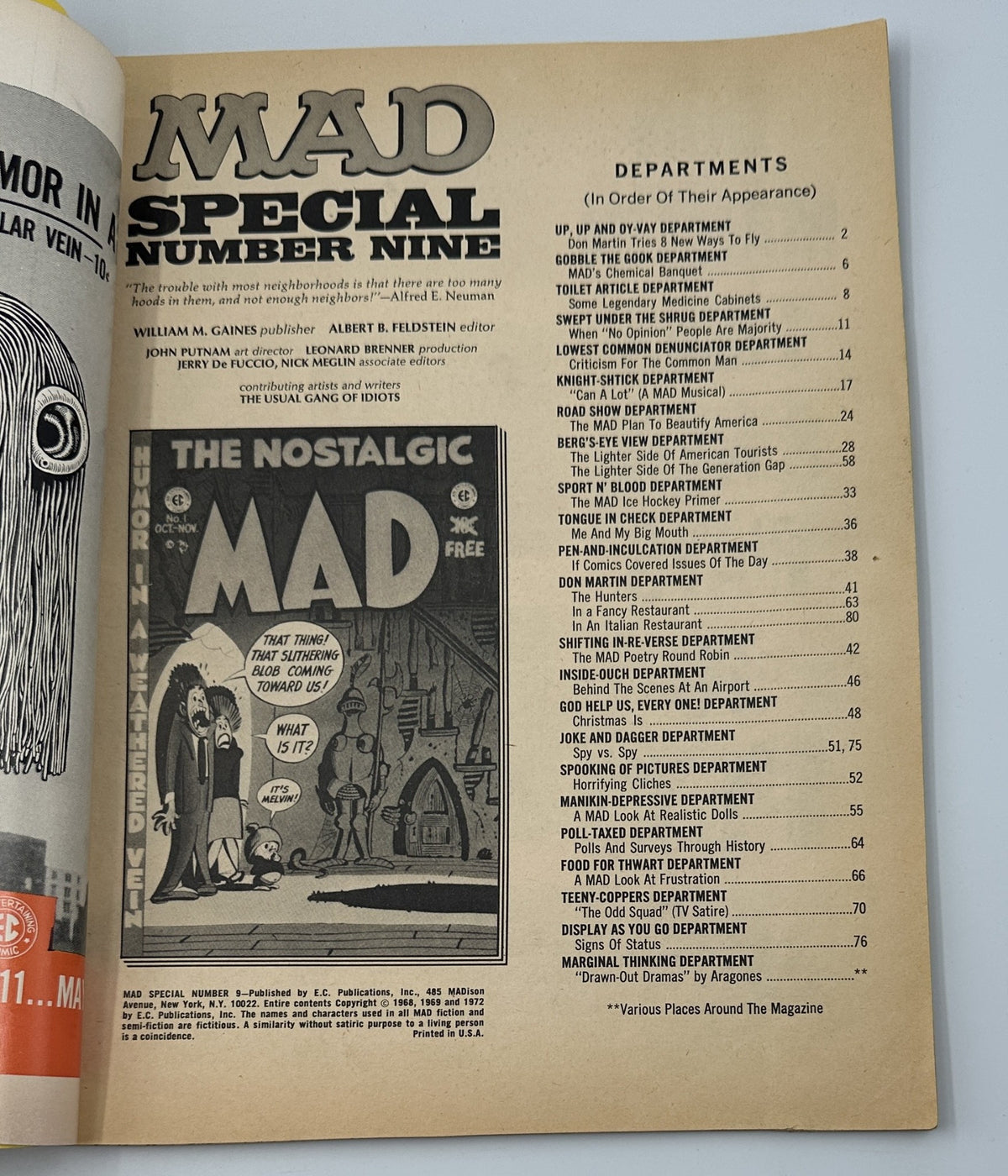 Interior page from MAD Magazine Super Special No. 9 displaying the Table of Contents with various departments and features, highlighting the unique comedic style of the publication.