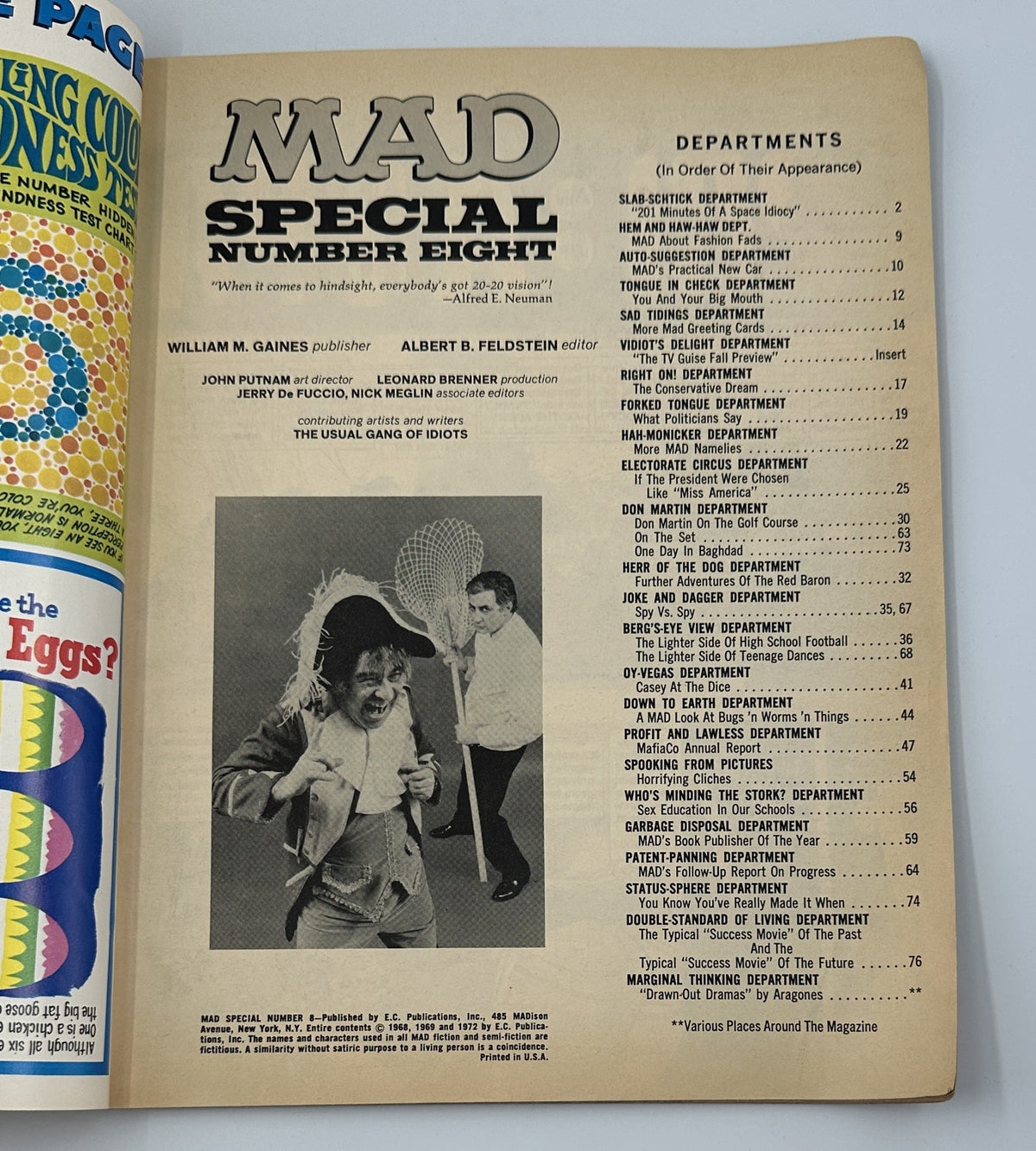 Interior page of MAD Magazine Super Special No. 8 1972 featuring the table of contents, including various departments like SLABSCHTICK, HEM AND HAW-HAW, and AUTO-SUGGESTION.