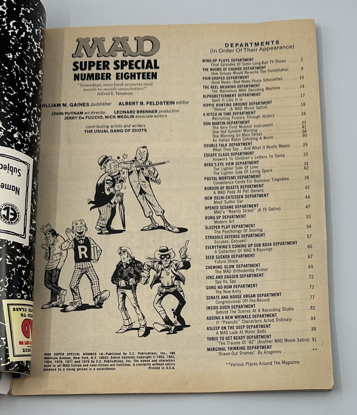 Inside page of MAD Magazine No. 18, displaying the Table of Contents with listed departments in order of appearance and humorous illustrations.