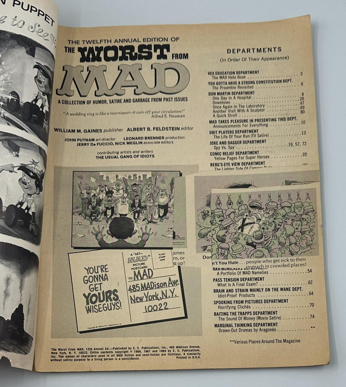 Inside page of MAD Magazine Special No. 12, 1973, depicting the Table of Contents alongside cartoon characters. The layout includes various departments of humor and satire included in this special edition.