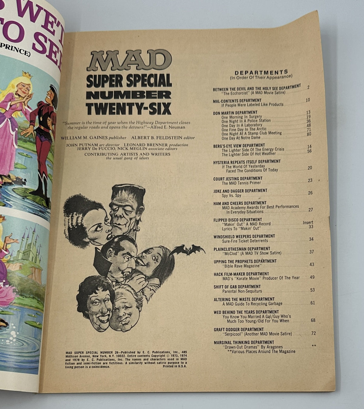 Inside page of MAD Magazine Super Special No. 26 1974 displaying the Table of Contents and listing departments with whimsical illustrations. This page reflects the magazine's vintage aesthetic and playful humor.