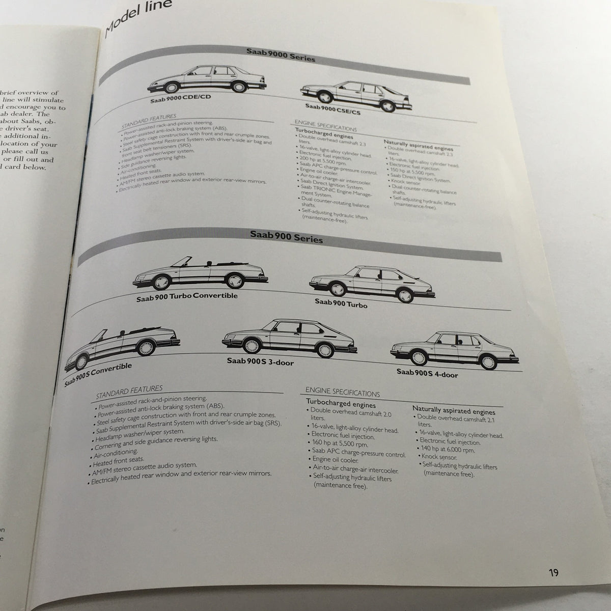 Detailed specifications and model line overview from the 1993 Saab 900 Turbo Series Dealership Car Auto Brochure, listing various Saab models and engine options.