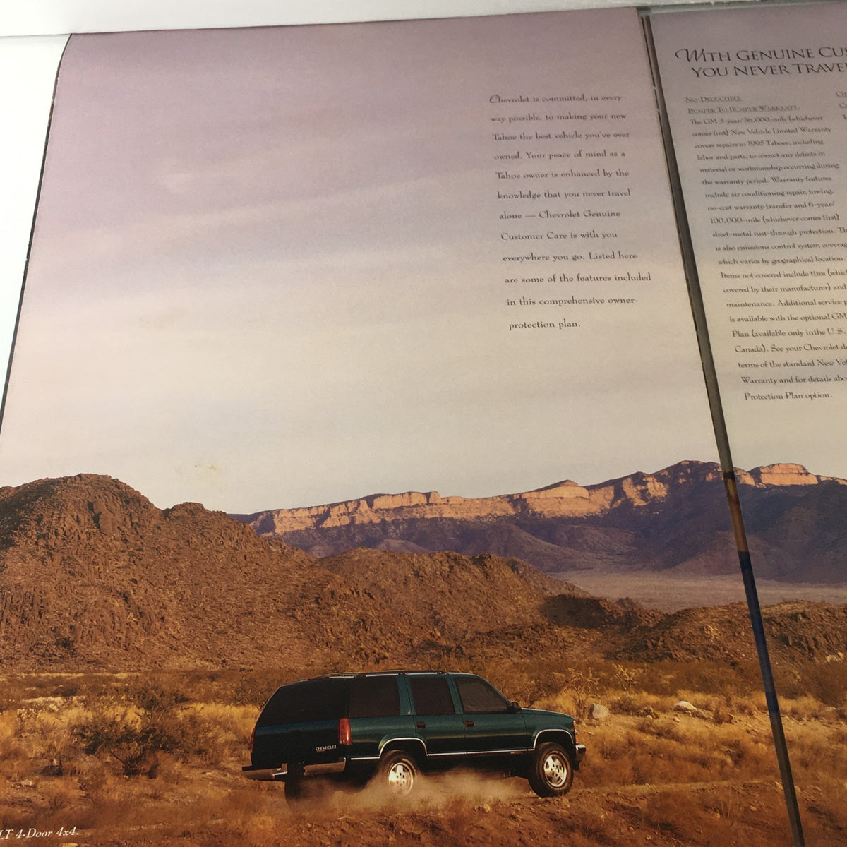 1995 Chevrolet Tahoe Dealership Car Auto Brochure Catalog displaying a green Tahoe driving through a desert landscape, highlighting its rugged capabilities.