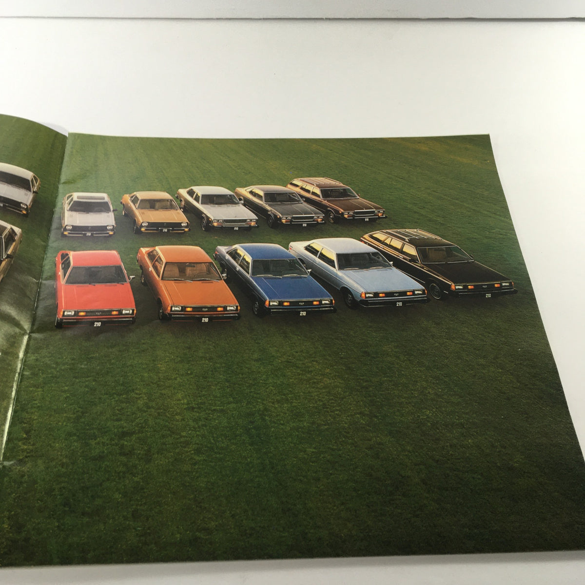 Photograph inside the 1980 Datsun Quality Shows Dealership Car Auto Brochure Catalog showing a collection of Datsun vehicles lined up on a grassy field.