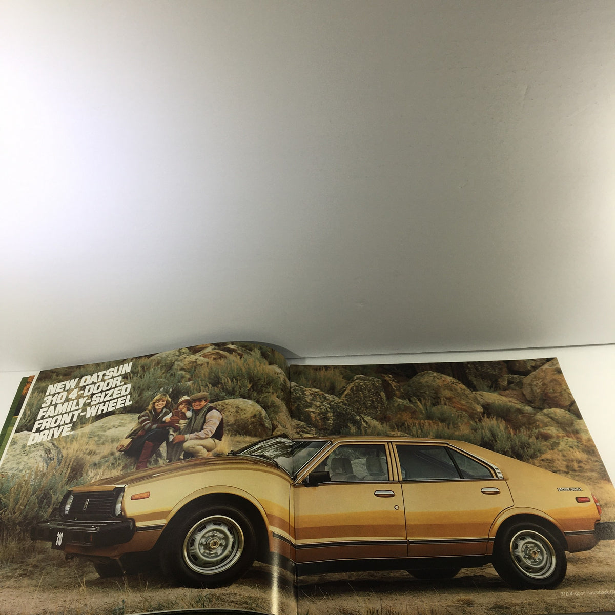 Illustration from the 1980 Datsun Quality Shows Dealership Car Auto Brochure Catalog featuring a Datsun car in a scenic outdoor location with a family.