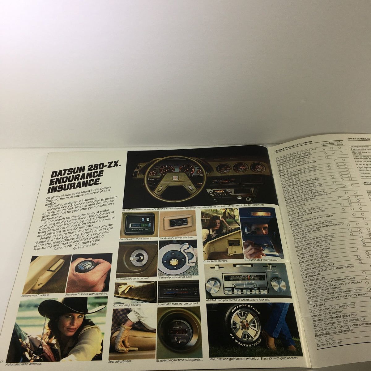 Inside view of a 1980 Datsun Quality Shows Dealership Car brochure featuring the Datsun 280-ZX interior and audio system.