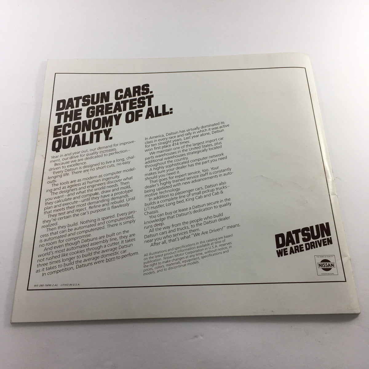 Back cover of the 1980 Datsun Quality Shows Dealership Car brochure highlighting the brand's commitment to quality and economy.