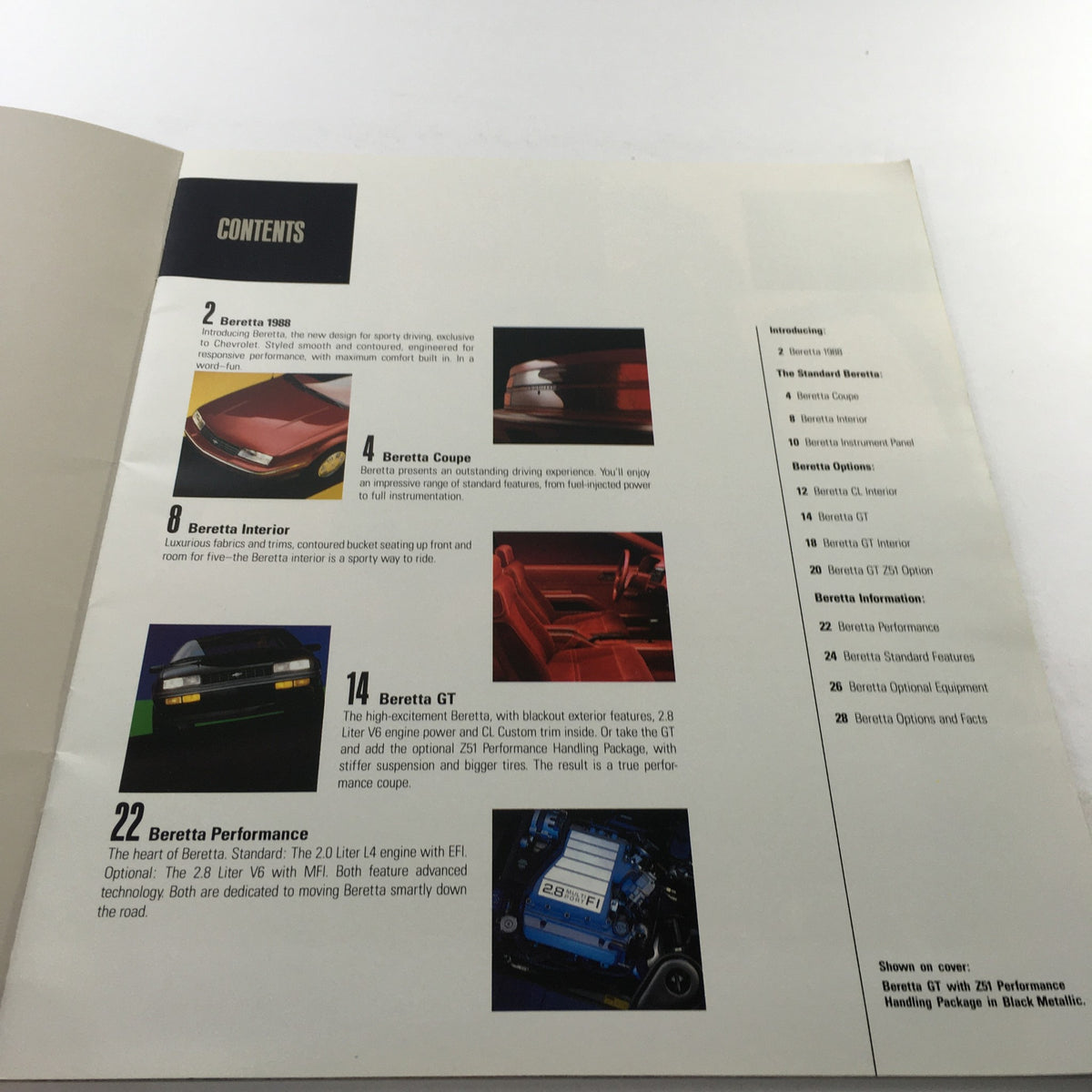 Contents page of the 1988 Chevrolet Beretta Dealership Car Auto Brochure Catalog featuring sections on Beretta models, interior, and performance details.