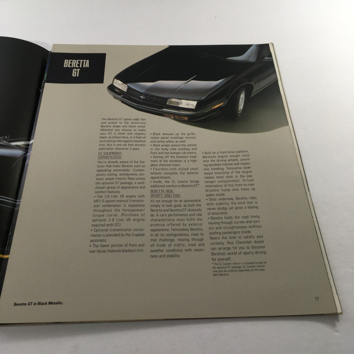 Focus on the Beretta GT specifications and features from the 1988 Chevrolet Beretta Dealership Car Auto Brochure Catalog.
