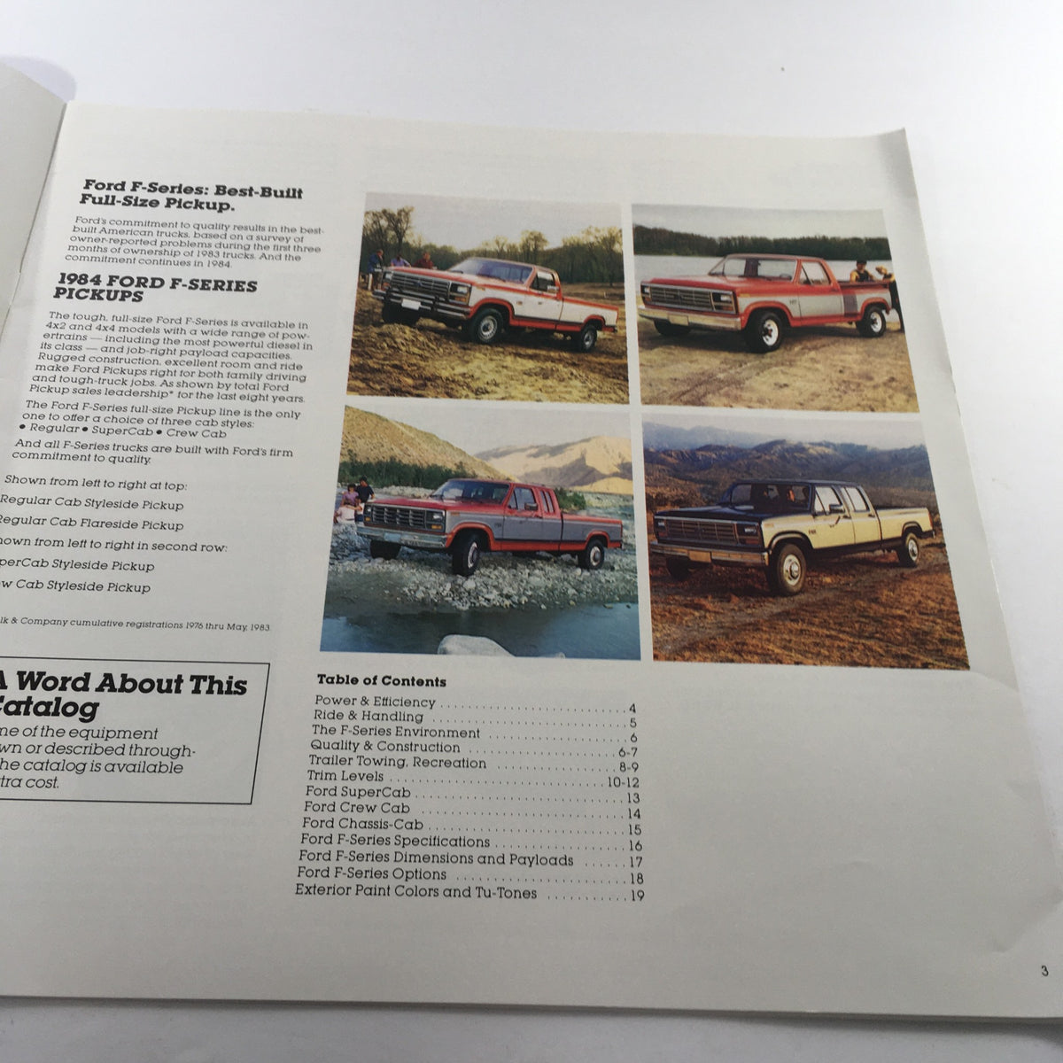 Interior page of the 1984 Ford F-Series Pickup dealership brochure featuring multiple images of the truck in different models and settings. Emphasizes the variety and features of the 1984 Ford F-Series.