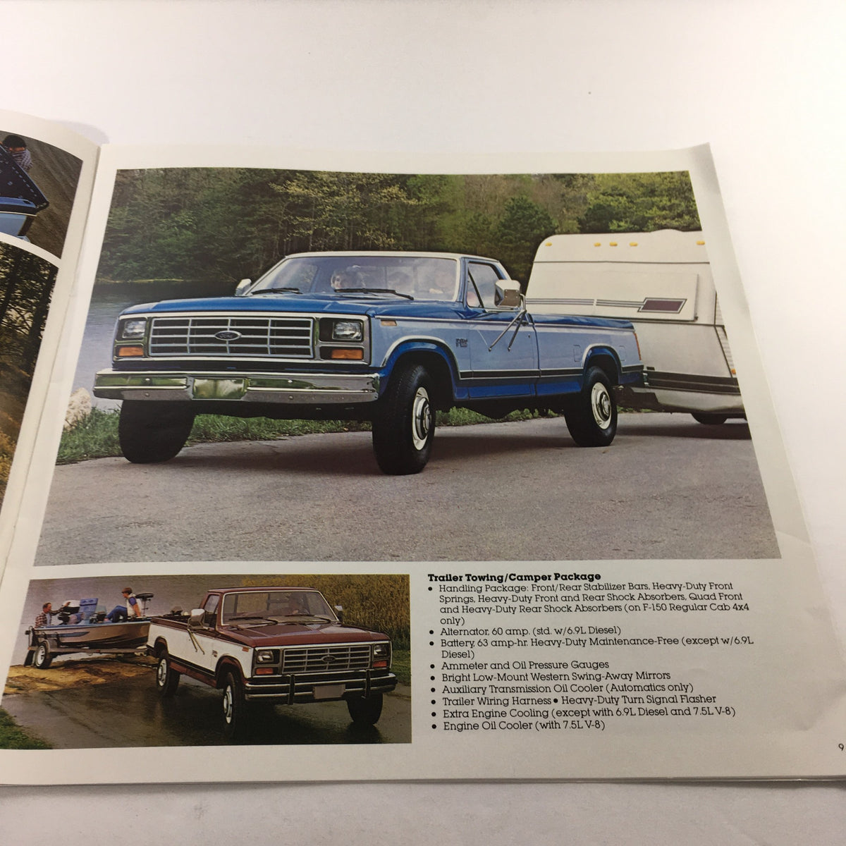 Detailed illustration from the 1984 Ford F-Series Pickup dealership brochure displaying a blue pickup towing a trailer. Highlights the towing capability and versatility of the 1984 Ford F-Series trucks.