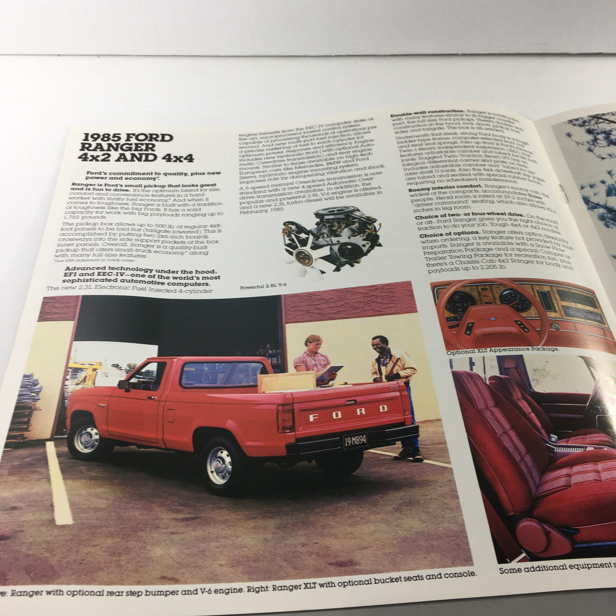 Inside page of the 1985 Ford Trucks Ranger brochure showcasing the Ranger model with detailed specifications and features for 4x2 and 4x4 variants.