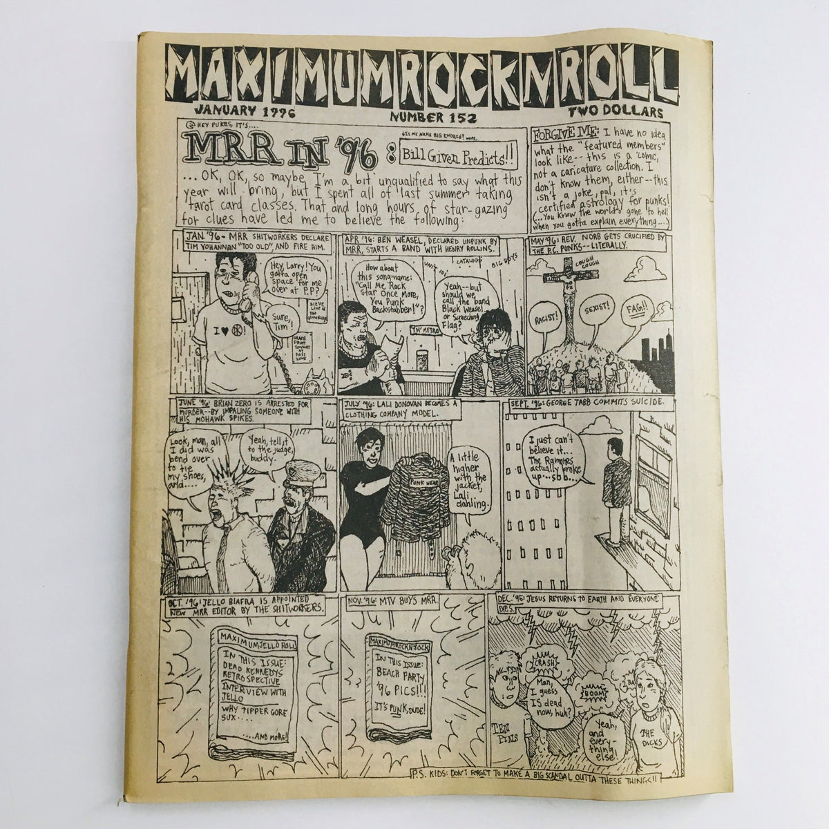 Cover of Maximum RocknRoll Magazine January 1996 #152 featuring a comic-style layout and illustrations related to punk music culture.