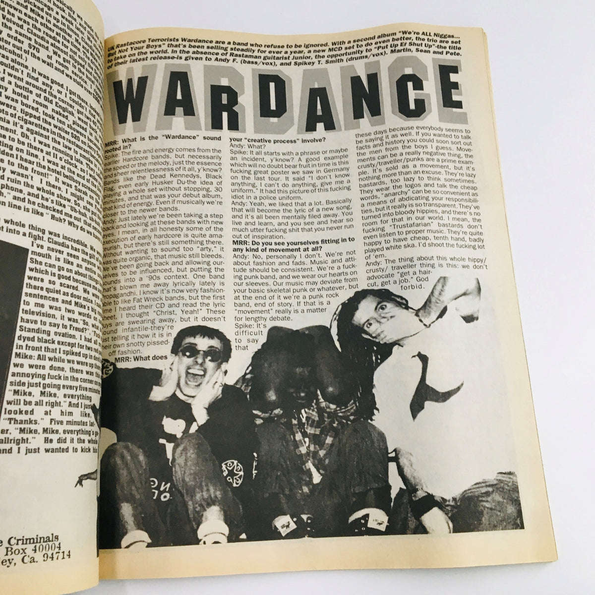 Feature article in Maximum RocknRoll Magazine June 1996 #157 on the punk band Wardance, discussing their music and cultural impact.