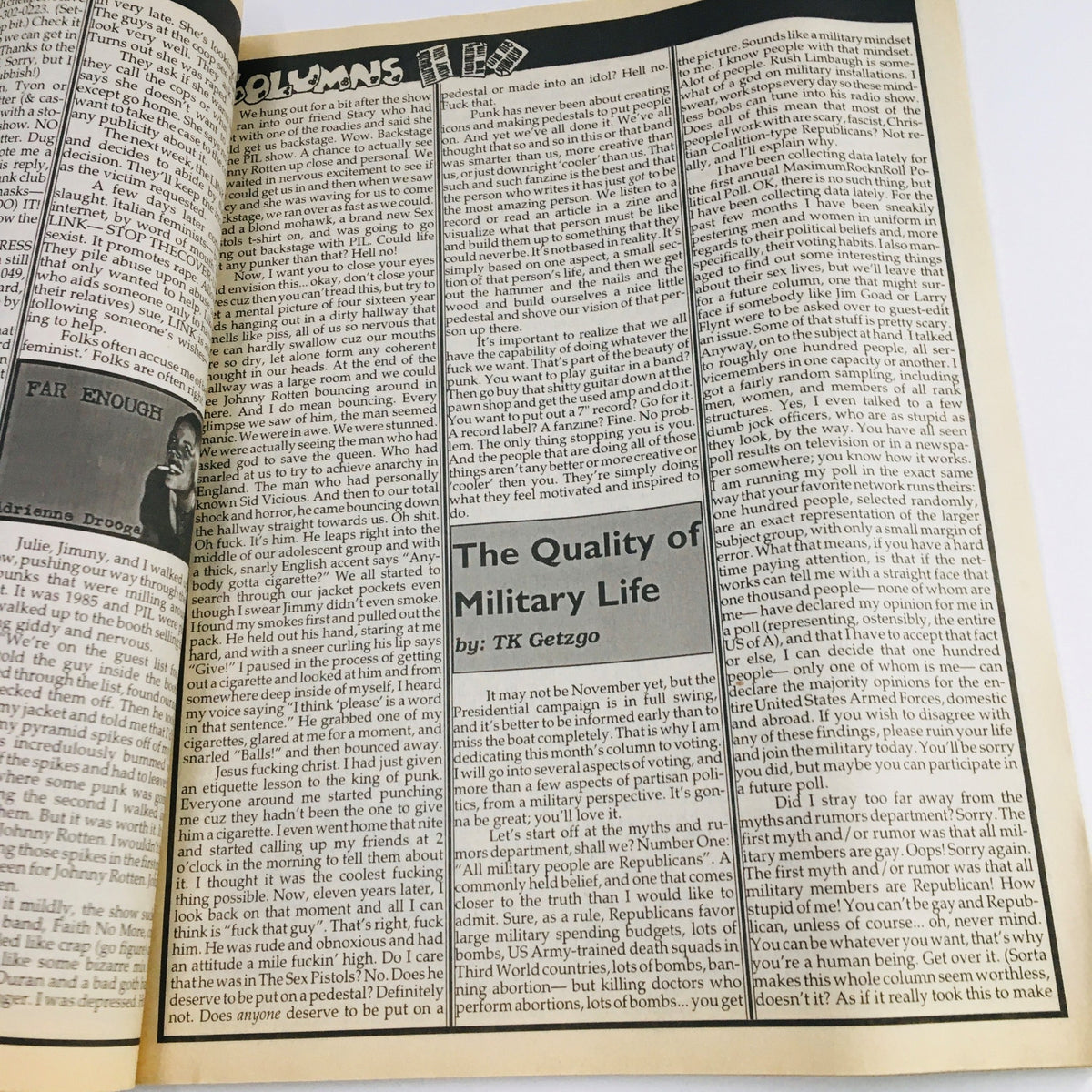 Interior page of Maximum RocknRoll Magazine July 1996 Issue #158 showcasing articles, including 'The Quality of Military Life' by TK Getzgo, reflecting punk rock culture.