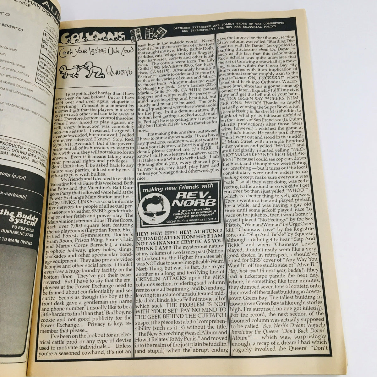 Inside page of Maximum RocknRoll Magazine April 1997 with articles and commentary, revealing insights into the punk scene and culture.