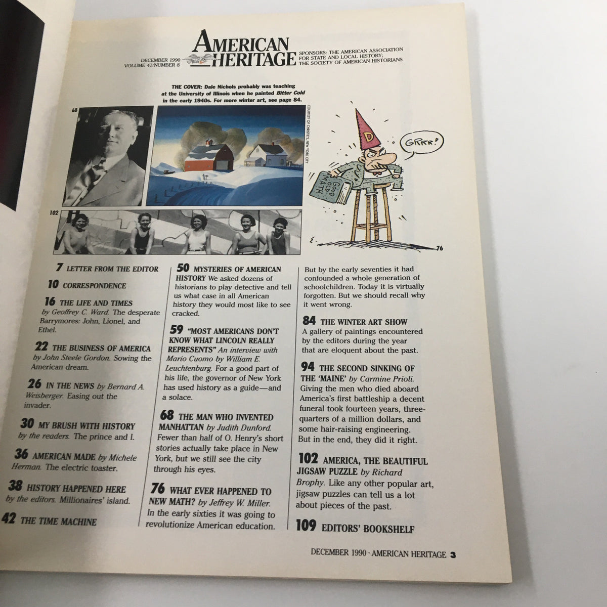 Table of contents page from American Heritage Magazine December 1990, highlighting articles including 'The Winter Art Show' and features on art, history, and culture.