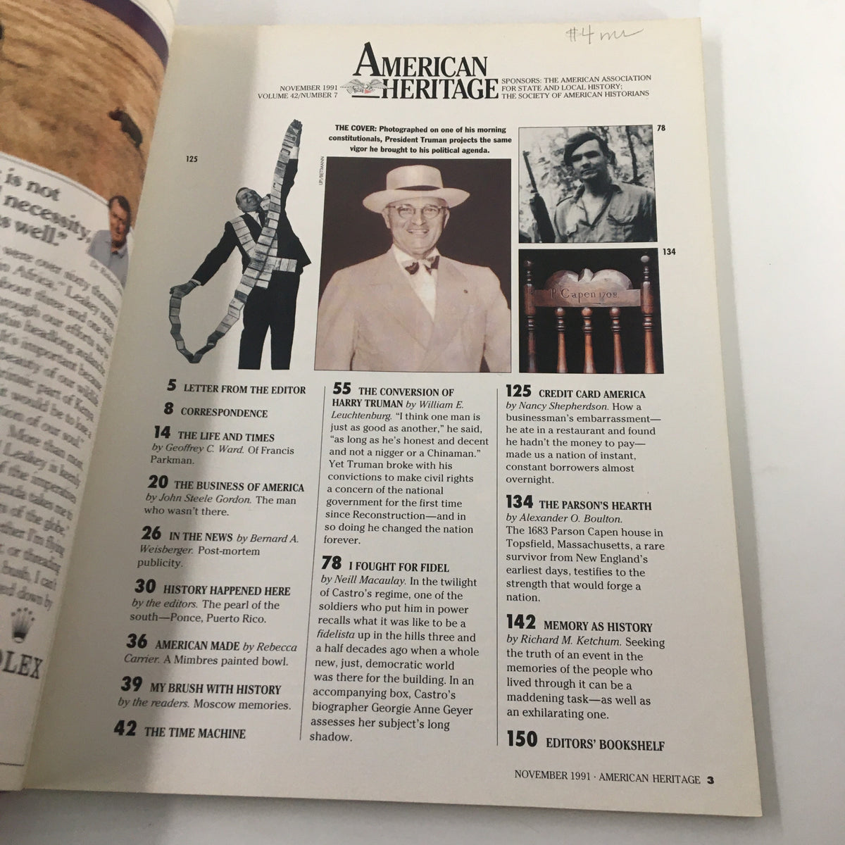 Interior page of American Heritage Magazine November 1991 showcasing a list of contents, including articles about Harry Truman and civil rights, reflecting the theme of the issue.