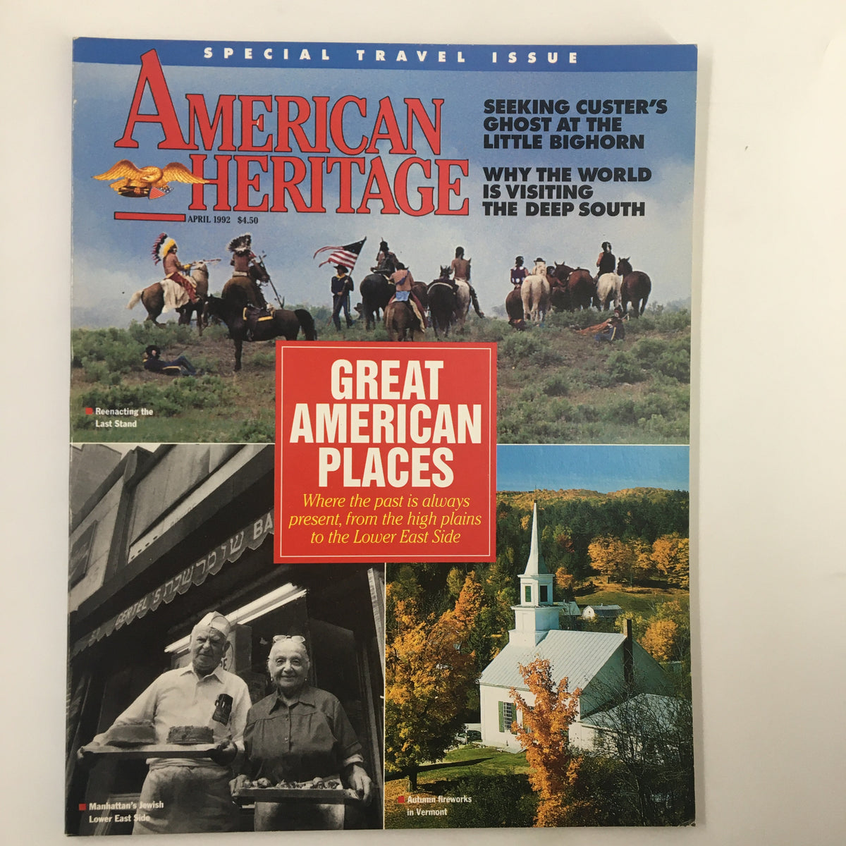 Cover of American Heritage Magazine April 1992 titled 'The Great American Places' featuring historical imagery and articles about significant American locations.