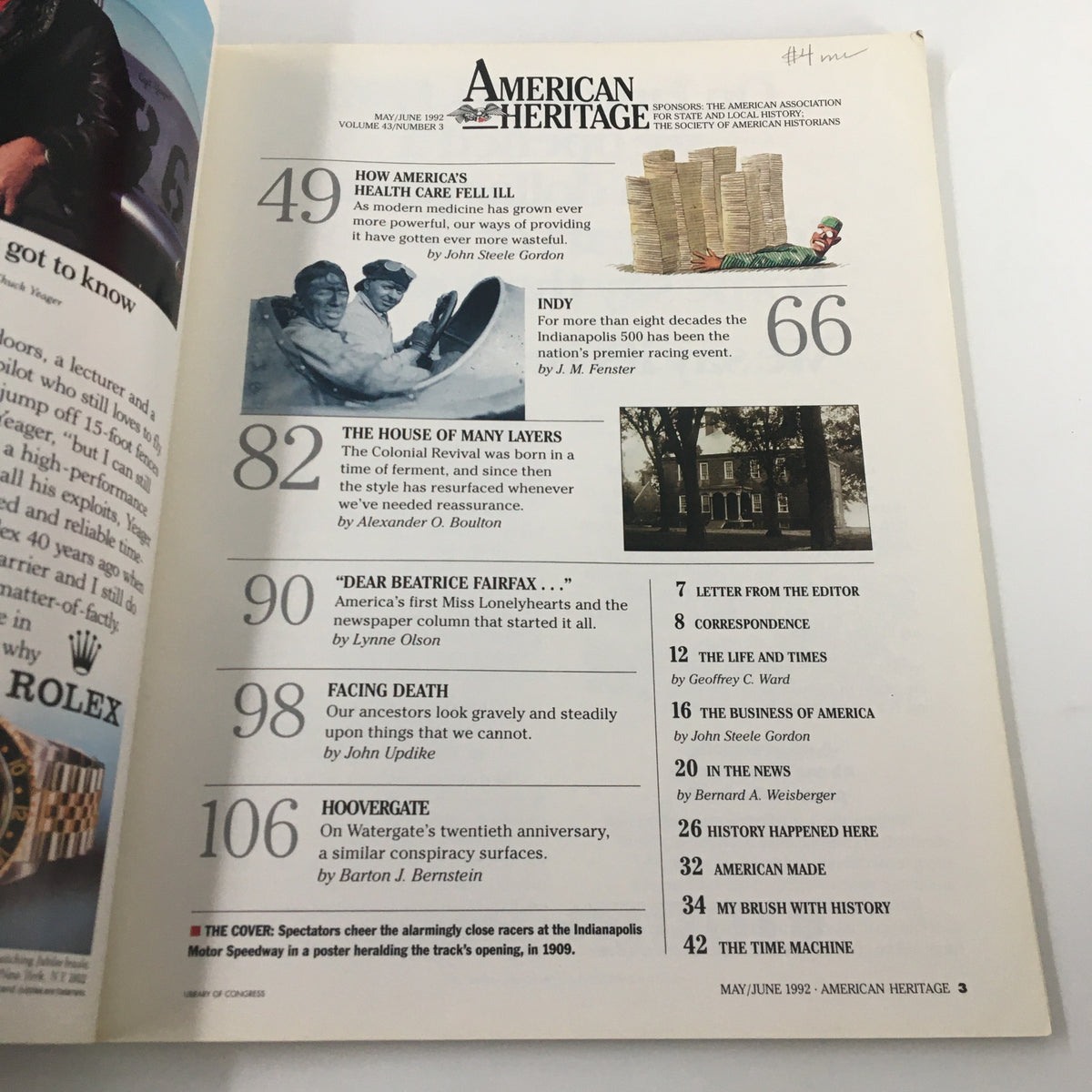 Interior page of American Heritage Magazine May 1992 listing articles, including a section on the Indy 500, showcasing the magazine's focus on historical narratives and auto racing culture.