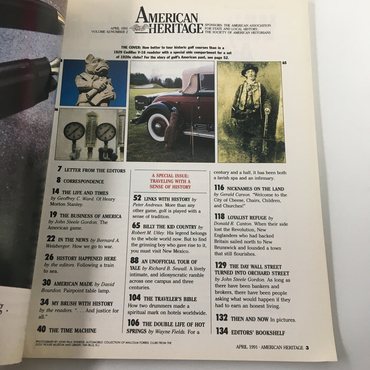 Inside page of American Heritage Magazine April 1991 showcasing the table of contents with images related to historic golf and Billy the Kid.